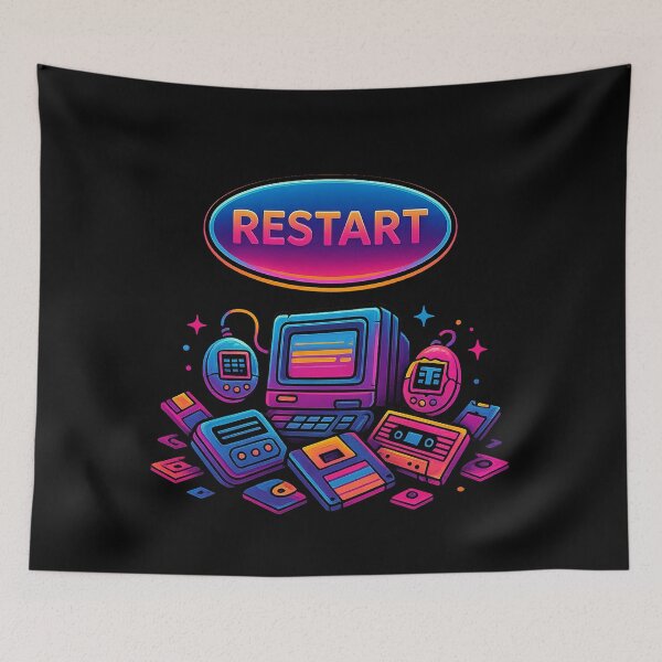 Item preview, Rebooting the 90s – Retro Tech Restart Button with Tamagotchi, Floppy Disks & Neon Vaporwave designed and sold by AddictiveDesign.