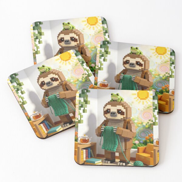 Item preview, Voxel Sloth Knitting with Frog | Cozy Block Art Crafter Gift designed and sold by Cherrydora.