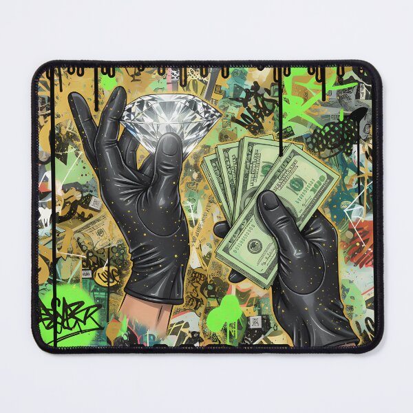 Item preview, Diamond Hand Habit Wall Art – Crypto Street Art Collage with Cash Stack, Black Gloves, Gold Drips and Neon Graffiti designed and sold by Bored Elon.