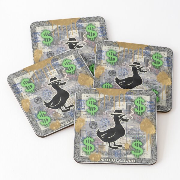 Item preview, Earned Not Given Duck Money Blueprint Poster Noir Street Art Collage With Gold Drips And Green Dollar Signs designed and sold by Bored Elon.
