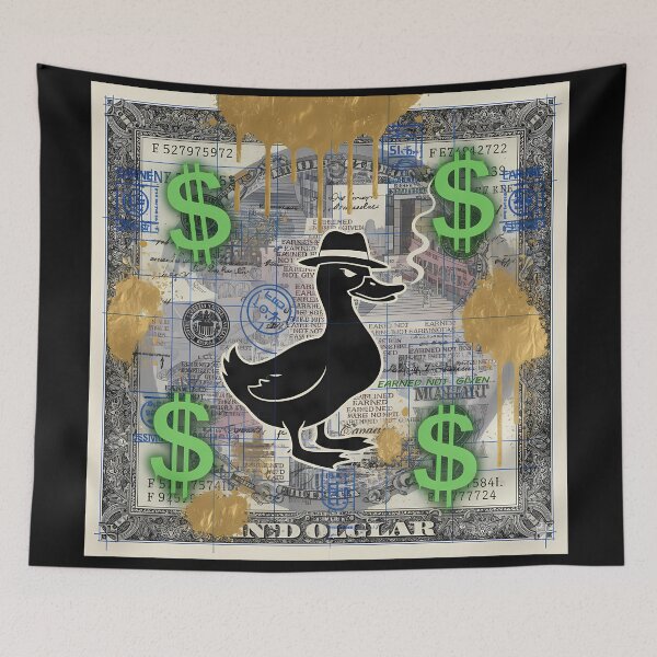 Item preview, Earned Not Given Duck Money Blueprint Poster Noir Street Art Collage With Gold Drips And Green Dollar Signs designed and sold by Bored Elon.