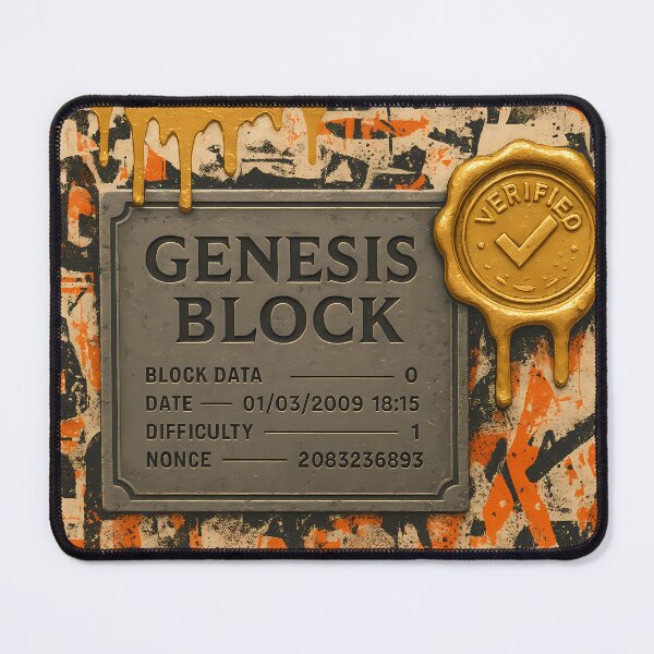 Item preview, Genesis Block Wall Art – Bitcoin Origin Plaque with Verified Gold Seal, Dripping Paint and Urban Graffiti Texture designed and sold by Bored Elon.