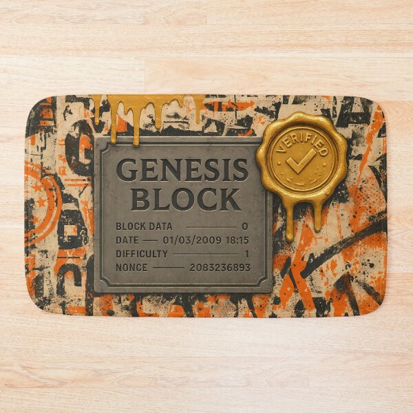 Item preview, Genesis Block Wall Art – Bitcoin Origin Plaque with Verified Gold Seal, Dripping Paint and Urban Graffiti Texture designed and sold by Bored Elon.