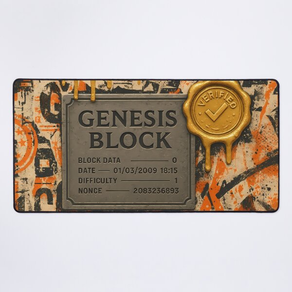 Item preview, Genesis Block Wall Art – Bitcoin Origin Plaque with Verified Gold Seal, Dripping Paint and Urban Graffiti Texture designed and sold by Bored Elon.