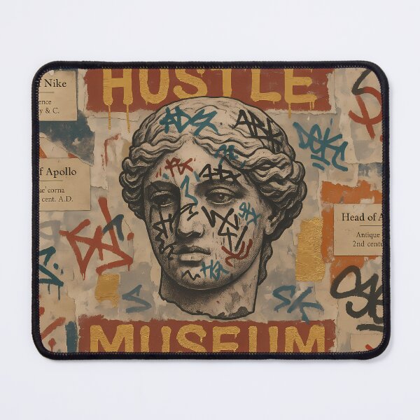 Item preview, Hustle Museum Graffiti Collage Poster – Classical Statue Head Street Art with Gold Drip Typography designed and sold by Bored Elon.