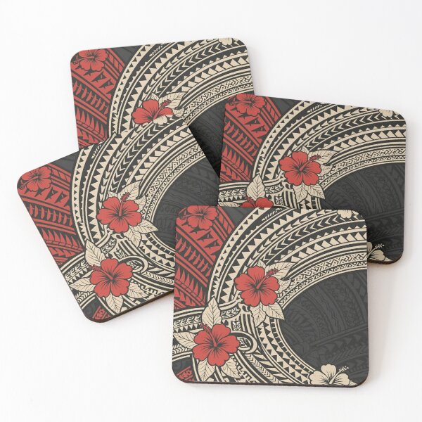 Item preview, Seamless Polynesian Tribal Pattern: Red Hibiscus on Black & Cream Geometric Background. designed and sold by TheOneOff.