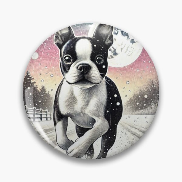 Item preview, Boston Terrier Running – Winter Night Pet Adventure designed and sold by denip.