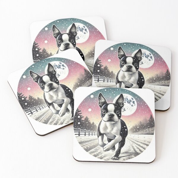 Item preview, Boston Terrier Running – Winter Night Pet Adventure designed and sold by denip.