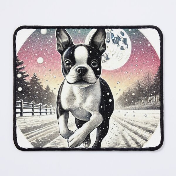 Item preview, Boston Terrier Running – Winter Night Pet Adventure designed and sold by denip.