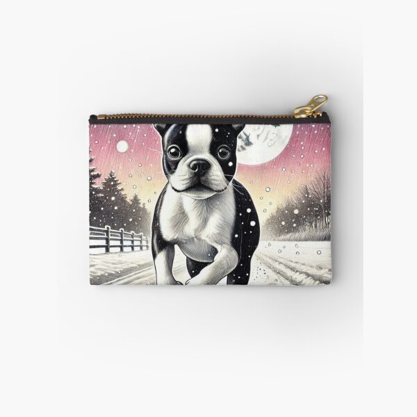 Item preview, Boston Terrier Running – Winter Night Pet Adventure designed and sold by denip.