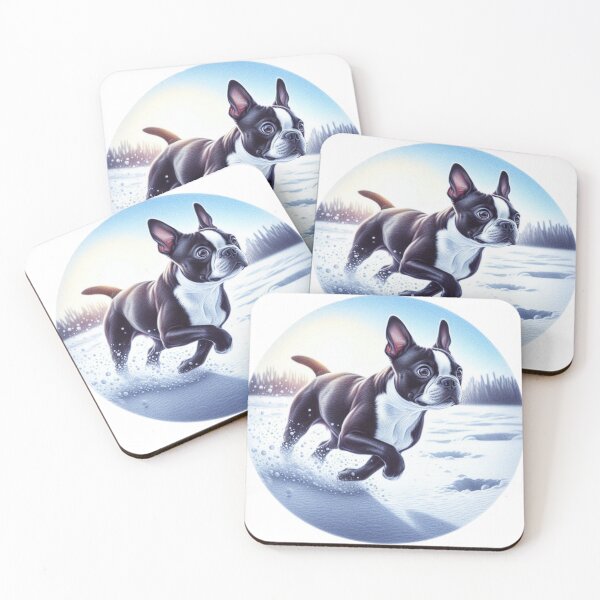Item preview, Boston Terrier Playing in Snow – Winter Pet Joy Illustration designed and sold by denip.