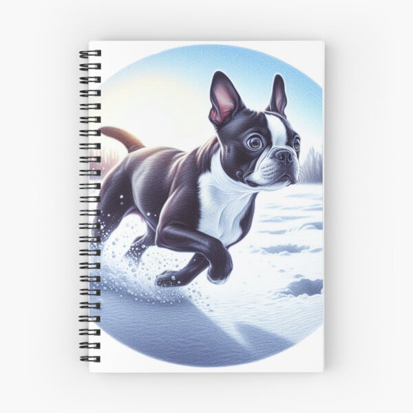 Artikelvorschau, Boston Terrier spielt im Schnee – Illustration zur winterlichen Freude eines Haustiers entworfen und verkauft von denip.