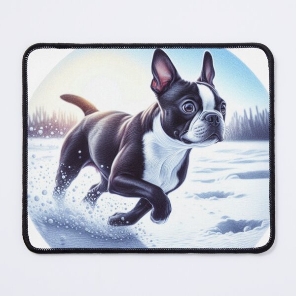 Item preview, Boston Terrier Playing in Snow – Winter Pet Joy Illustration designed and sold by denip.