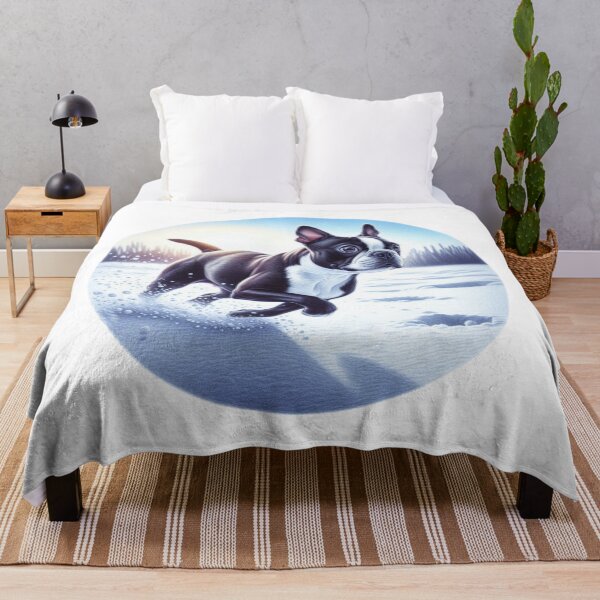 Item preview, Boston Terrier Playing in Snow – Winter Pet Joy Illustration designed and sold by denip.