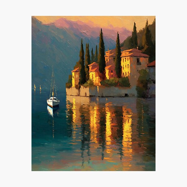 Item preview, Lake Como Sunset Reflections – Romantic Lakescape Wall Art designed and sold by AlexAtelier.