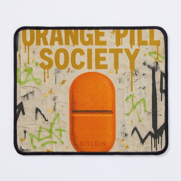 Item preview, Orange Pill Society Bitcoin Poster – Street Art Graffiti Collage with Orange Capsule, Crowns and Market Chart Icons designed and sold by Bored Elon.
