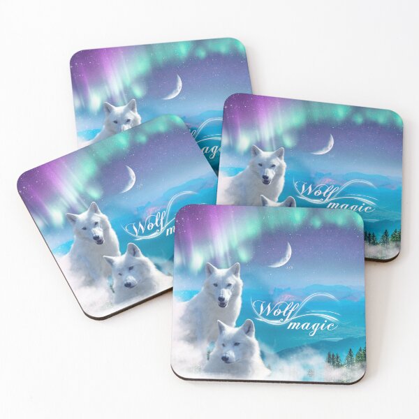 Item preview, Pair of white wolves with northern lights/ Magic night with moon  in the mountains designed and sold by EglesCreations.