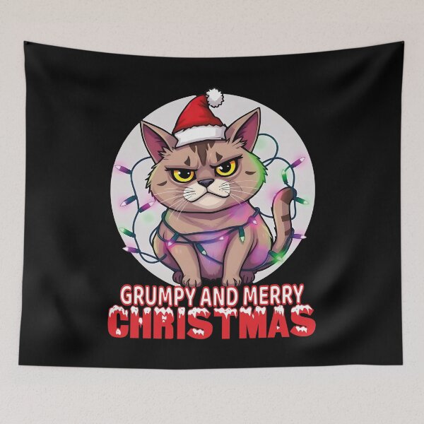 Item preview, Grumpy and Merry Christmas Cat T-Shirt | Funny Holiday Kitten in Santa Hat and Lights designed and sold by al21ex.