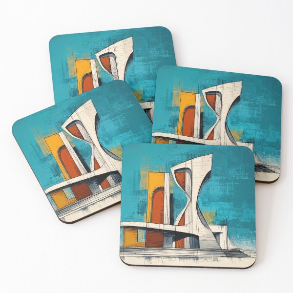 Item preview, Modern Architectural Structure with Sharp Curves in Orange and White Against Textured Blue designed and sold by OlfactoART Studio.