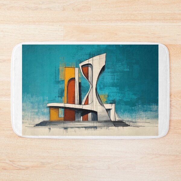 Item preview, Modern Architectural Structure with Sharp Curves in Orange and White Against Textured Blue designed and sold by OlfactoART Studio.