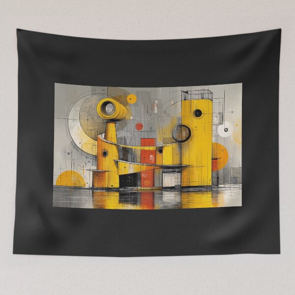Item preview, Complex Geometric Architectural Composition with Bright Yellow Forms, Circles, and Lines designed and sold by OlfactoART Studio.