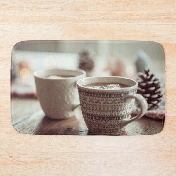 Item preview, Candid cocoa cups on wooden table during Christmas morning with winter decorations designed and sold by frequent-art.
