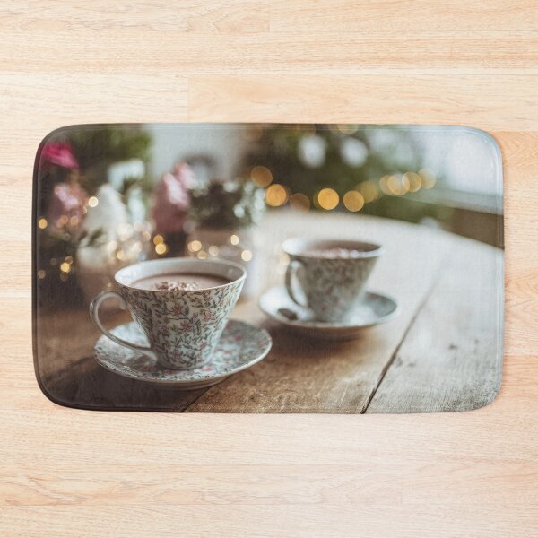 Item preview, Candid moment of enjoying cocoa on Christmas morning at a wooden table designed and sold by frequent-art.
