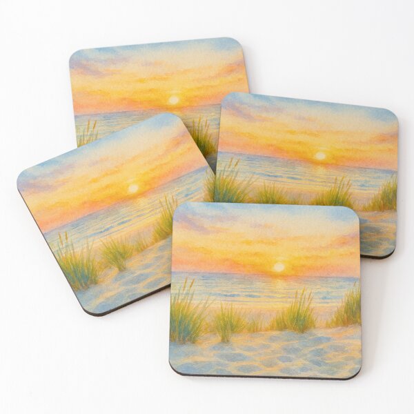 Item preview, Serene Coastal Sunset Watercolor Painting, Soft Beach Dunes and Ocean Horizon designed and sold by BeaconMarketing.