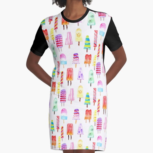 Misty Colorful Watercolor Summer Popsicles Graphic T-Shirt Dress