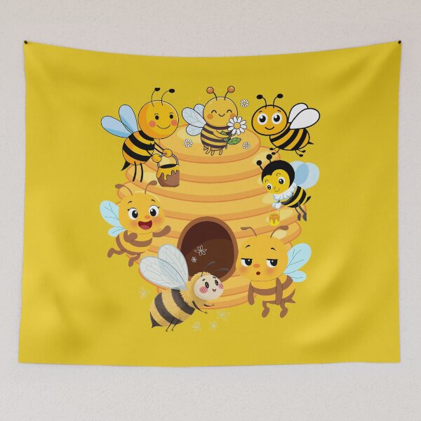 Item preview, Cute Little Bees Cartoon Funny Bees Flying Around Beehive Honey and Flower Illustration. designed and sold by LunaPrintCo.