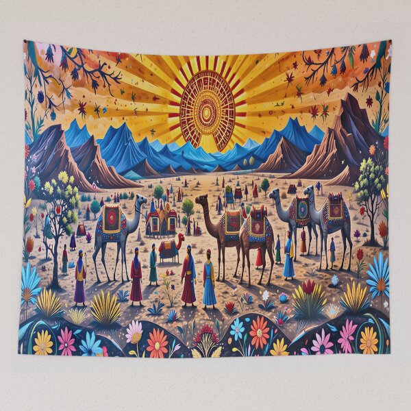 Item preview, Rajasthani Camel Caravan Under Radiant Sun – Folk Fantasy Art designed and sold by wpsstudio.