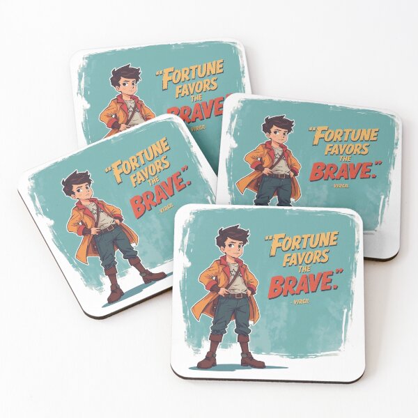 Item preview, Cartoon Hero Boy In Orange Coat With Motivational Quote Fortune Favors The Brave designed and sold by Rue Market.