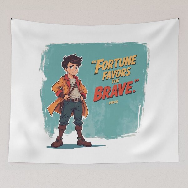Item preview, Cartoon Hero Boy In Orange Coat With Motivational Quote Fortune Favors The Brave designed and sold by Rue Market.