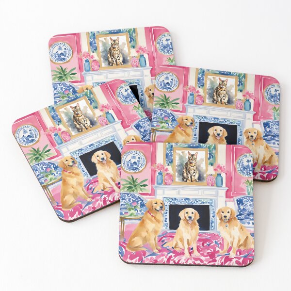 Item preview, Grandmillennial art, Golden Retrievers in preppy pink interior designed and sold by SophieClimaArt.