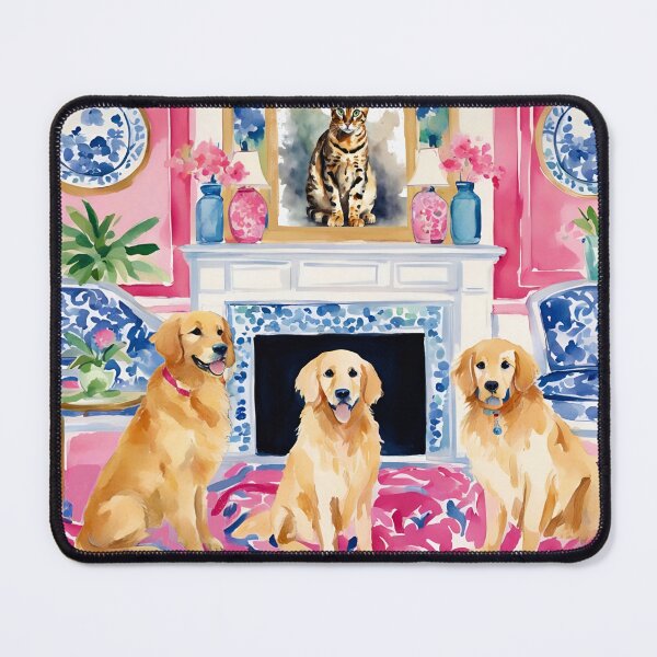 Item preview, Grandmillennial art, Golden Retrievers in preppy pink interior designed and sold by SophieClimaArt.