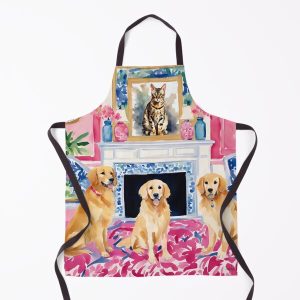 Item preview, Grandmillennial art, Golden Retrievers in preppy pink interior designed and sold by SophieClimaArt.