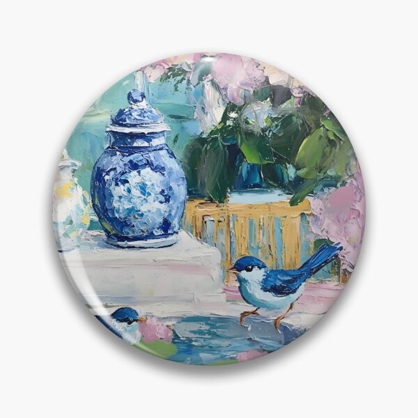 Item preview, Grandmillennial art, Blue birds in hydrangea garden designed and sold by SophieClimaArt.