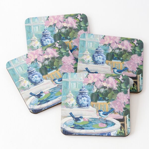 Item preview, Grandmillennial art, Blue birds in hydrangea garden designed and sold by SophieClimaArt.