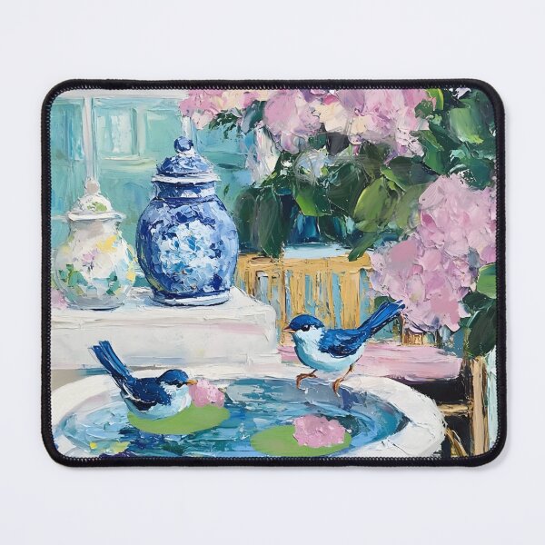 Item preview, Grandmillennial art, Blue birds in hydrangea garden designed and sold by SophieClimaArt.