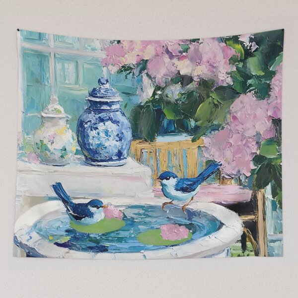 Item preview, Grandmillennial art, Blue birds in hydrangea garden designed and sold by SophieClimaArt.