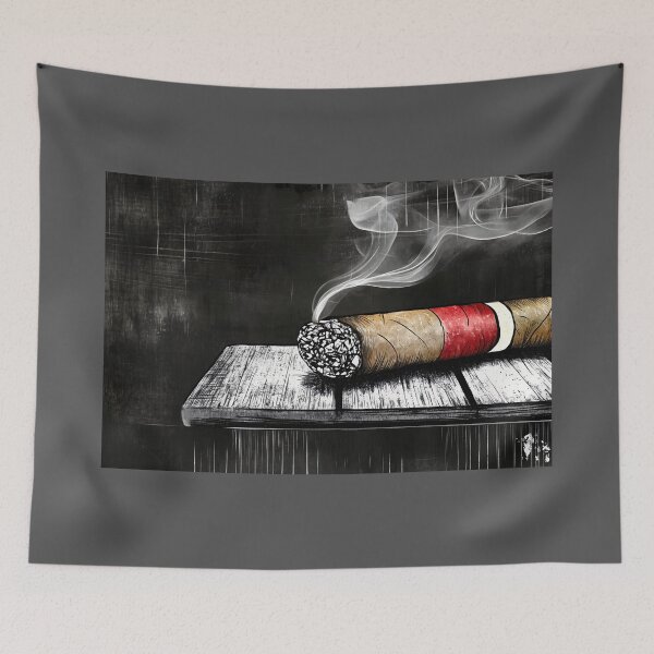 Item preview, A Smoking Cigar on a Wooden Table Moody Still Life with Smoke, Texture and Contrast designed and sold by OlfactoART Studio.