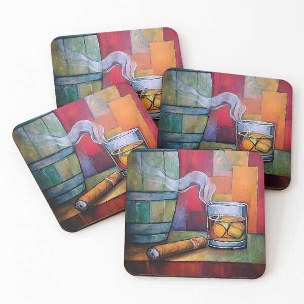 Item preview, Whiskey on Ice with a Lit Cigar: A Colorful Abstract Celebration of Relaxation and Indulgence designed and sold by OlfactoART Studio.