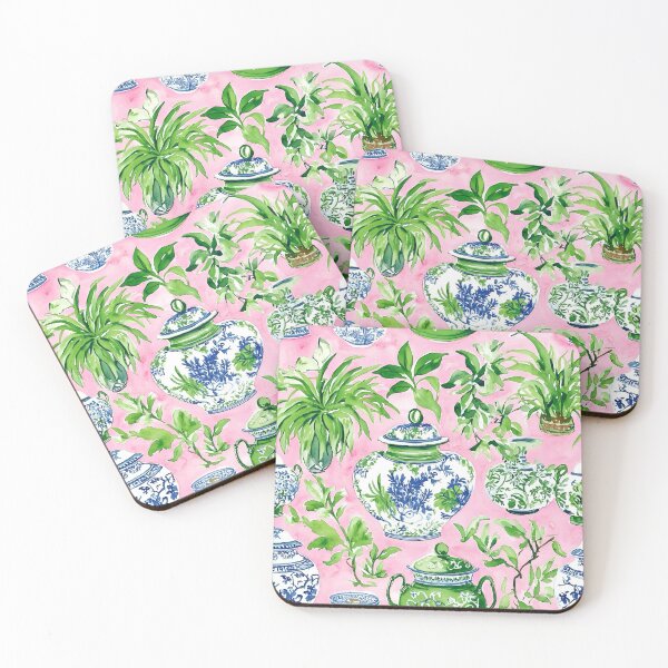 Item preview, Grandmillennial pink and green ginger jars and home plants watercolor painting designed and sold by SophieClimaArt.