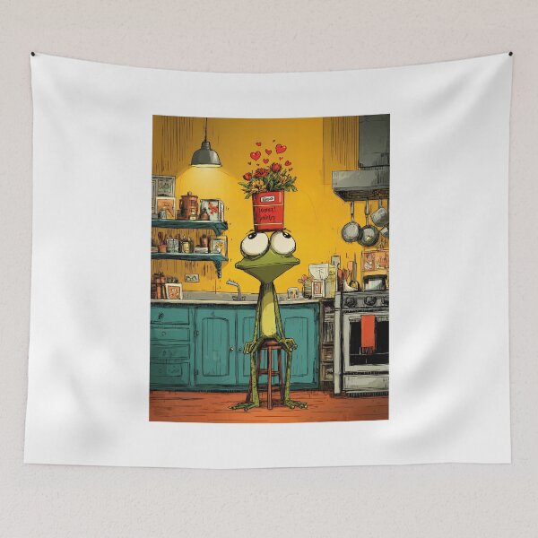 Item preview, A Valentine Frog with Flowers Balancing Love Humor and Kitchen Charm in a Whimsical Scene designed and sold by OlfactoART Studio.