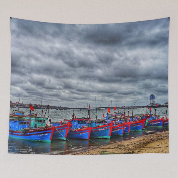 Item preview, Fishing Boats at Dong Hoi Pier | Vietnam Coastal Photography Print designed and sold by Fourpointstudio.