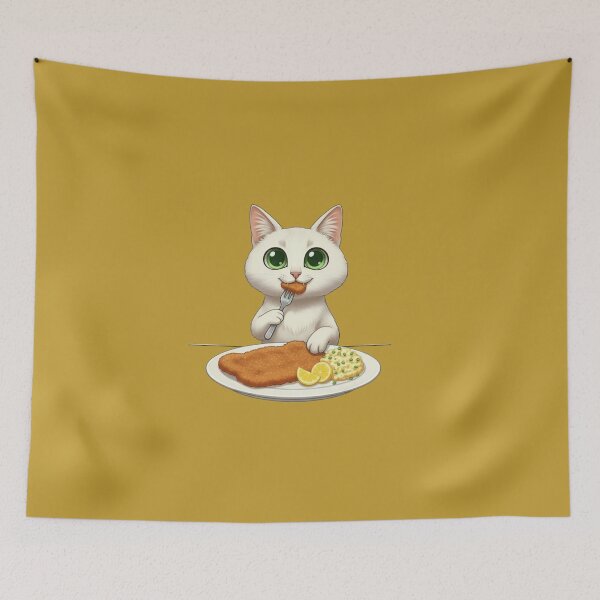 Item preview, Kawaii Foodie Cat Eating  Wiener Schnitzel - Persian cat - Austria designed and sold by digitalbitcraft.