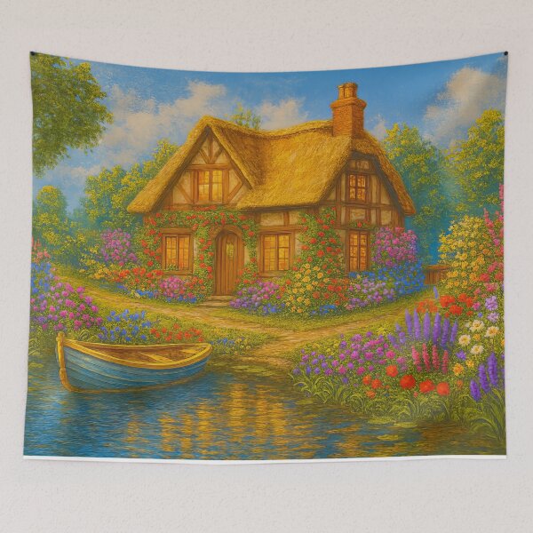 Item preview, Thatched Cottage Garden By Tranquil Riverbank designed and sold by ArtComixHaven.