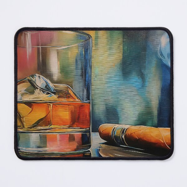 Item preview, Whiskey on Ice with a Lit Cigar, Reflective Surface and Vibrant Abstract Backdrop designed and sold by OlfactoART Studio.