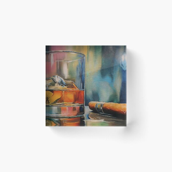Item preview, Whiskey on Ice with a Lit Cigar, Reflective Surface and Vibrant Abstract Backdrop designed and sold by OlfactoART Studio.