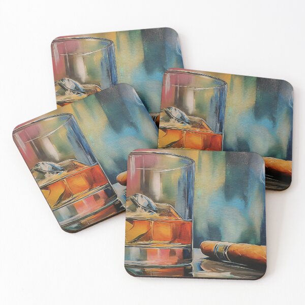 Item preview, Whiskey on Ice with a Lit Cigar, Reflective Surface and Vibrant Abstract Backdrop designed and sold by OlfactoART Studio.